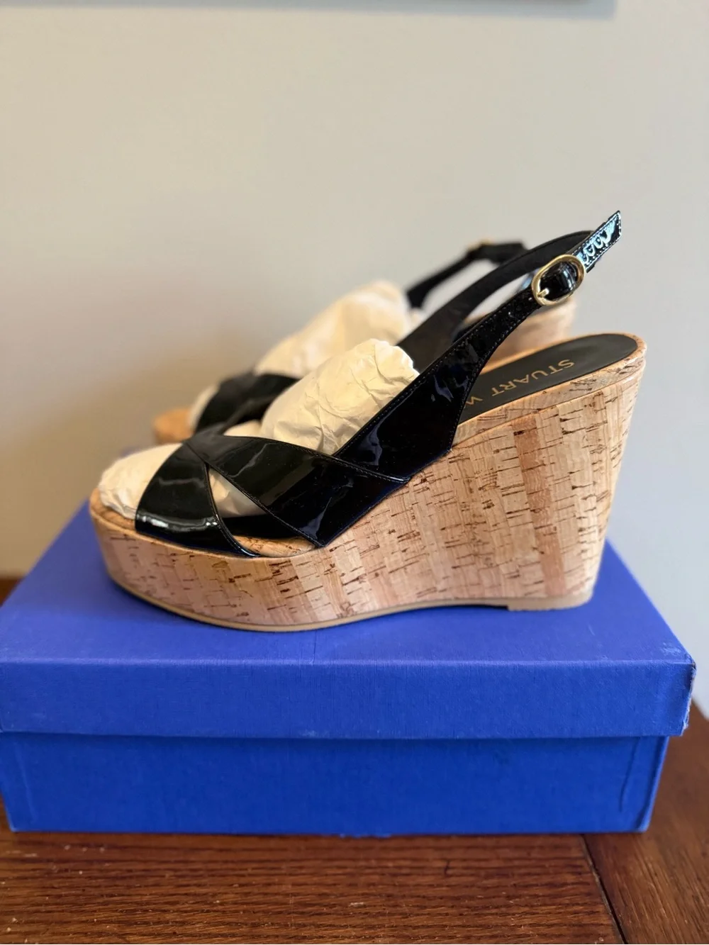 Stuart Weitzman Carmen Black Patent Cork Wedge Sandals -‎ Women's Slingback NEW